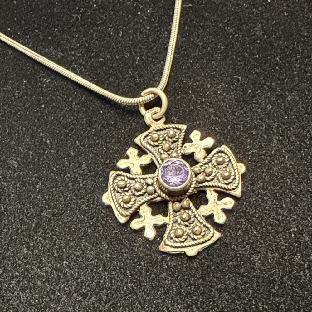 975 Jerusalem Silver Cross Pendant with Amethyst Stone Accent